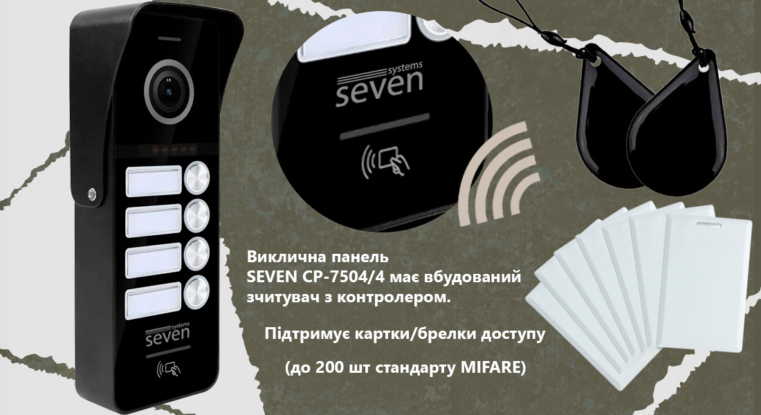 Виклична панель домофону з вбудованим зчитувачем карток SEVEN CP-7504/4 RFID black панель виклику з зчитувачем, панель виклику з вбудованим зчитувачем, панель виклику зі зчитувачем, панель виклику зі зчитувачем карт, панель виклику вулична